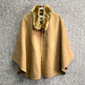 Calvin Klein Cape Women’s S/M Tan Brown Wool Blend with Faux Fur Collar